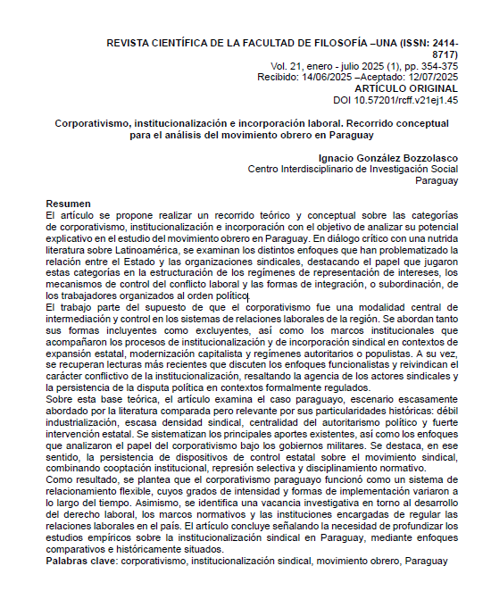 Corporativismo, institucionalización e incorporación laboral. Recorrido conceptual para el análisis del movimiento obrero en Paraguay