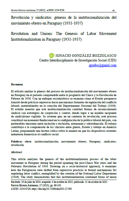 Revolución y sindicatos: génesis de la institucionalización del movimiento obrero en Paraguay (1931-1937)